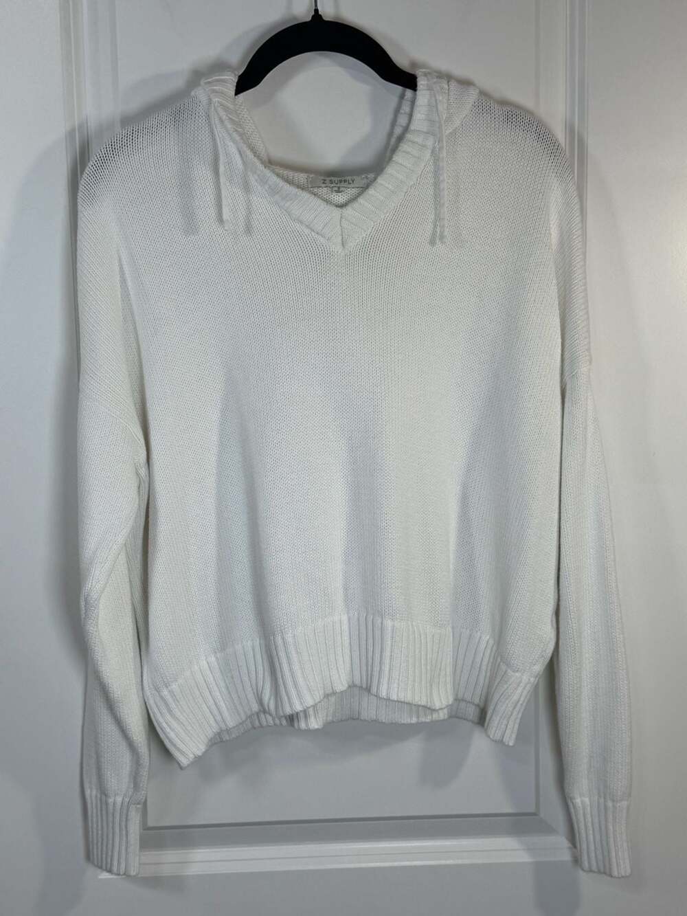 Z Supply White Knit V-Neck Hooded Sweater Size S